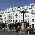 The Gerbeaud House with the fountain with the four stone lions in front of it - Budapest, Ungarn